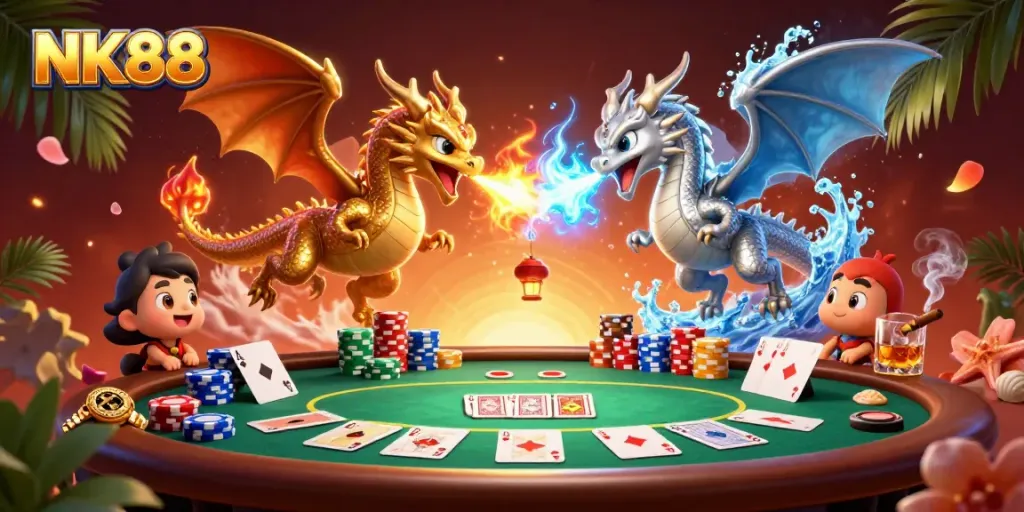 Experience thrilling gameplay with NK88 as dragons clash in a vibrant casino atmosphere.
