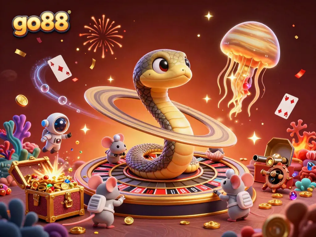 Experience the excitement of go88 as tiny astronaut mice bet on a roulette-style Saturn ring, with vibrant casino elements.