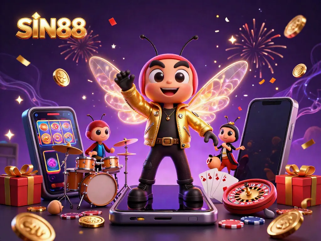 SIN88's fun scene features rock star cicada, beetle drummer, and vibrant casino elements.