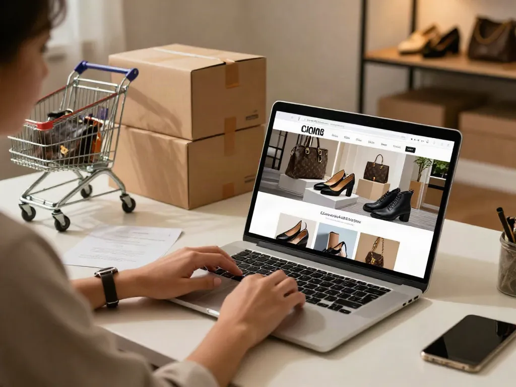 Replica Shop showcasing luxury bags and shoes through online shopping experience.