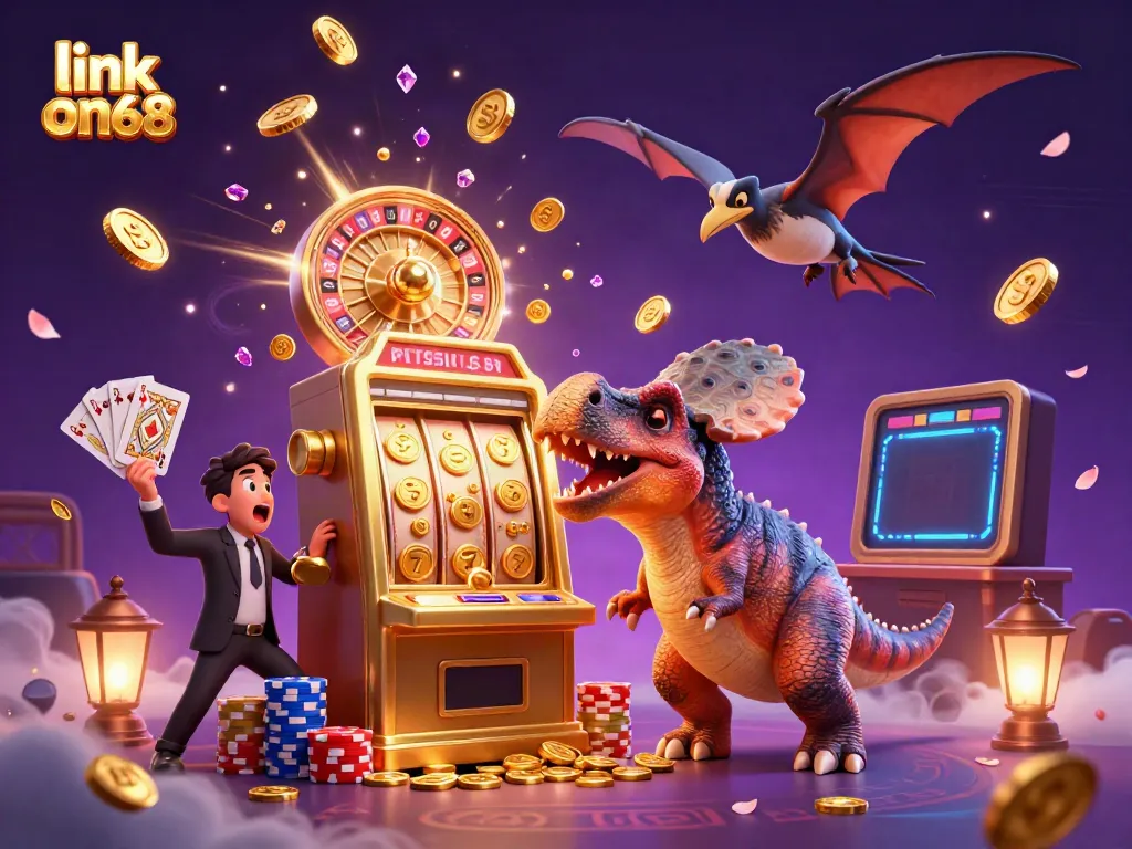 Experience excitement with link on68 as a pachycephalosaurus hits a slot machine, amid cascading coins and vibrant casino elements.
