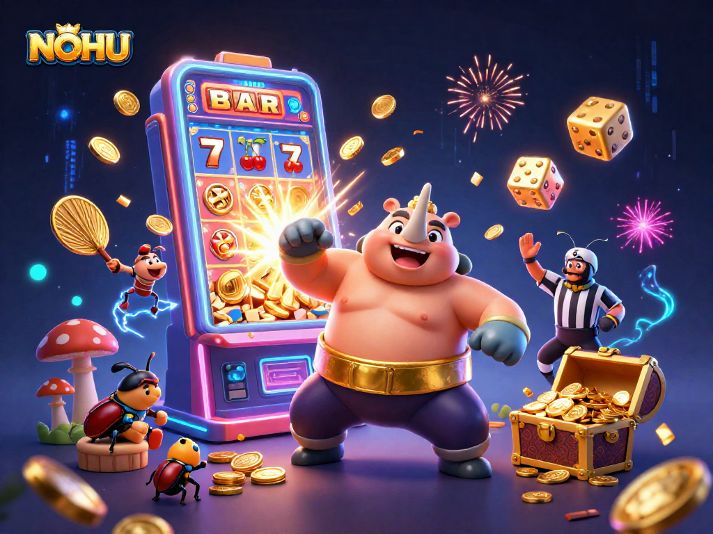 NOHU online casino features a rhinoceros beetle champion amidst slot machines and vibrant game elements.