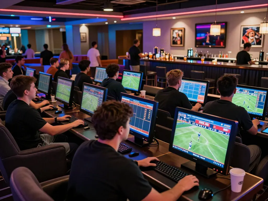 Exciting sports betting environment at five 88 casino with fans enjoying live matches and vibrant screens.
