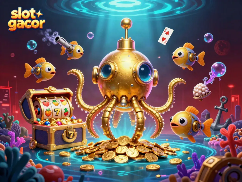 Spin the reels in the vibrant slot gacor scene with a cartoon kraken submarine joining a gold rush.