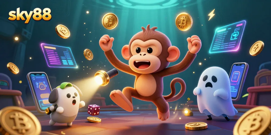 Win big with sky88's vibrant animated casino scene filled with crypto and gaming symbols!