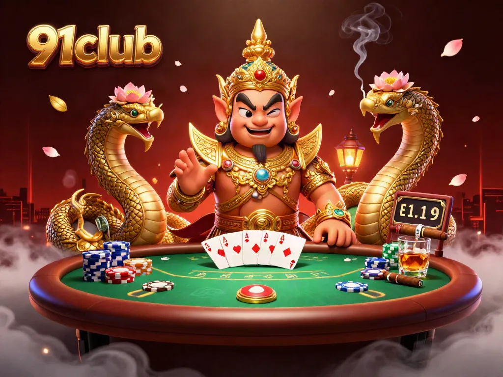 Engaging 3D illustration of 91club featuring temple guardian and vibrant casino elements.