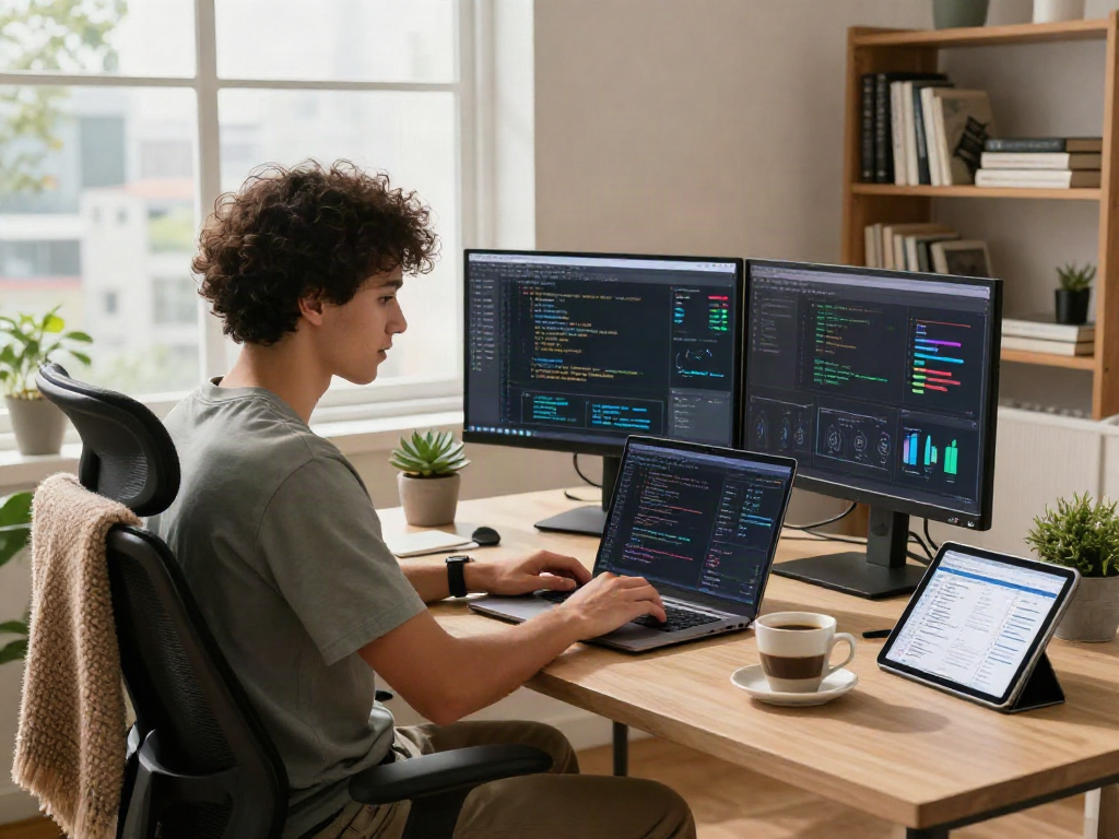 AI 18+ coding scene in a modern workspace, featuring dual monitors and a laptop.