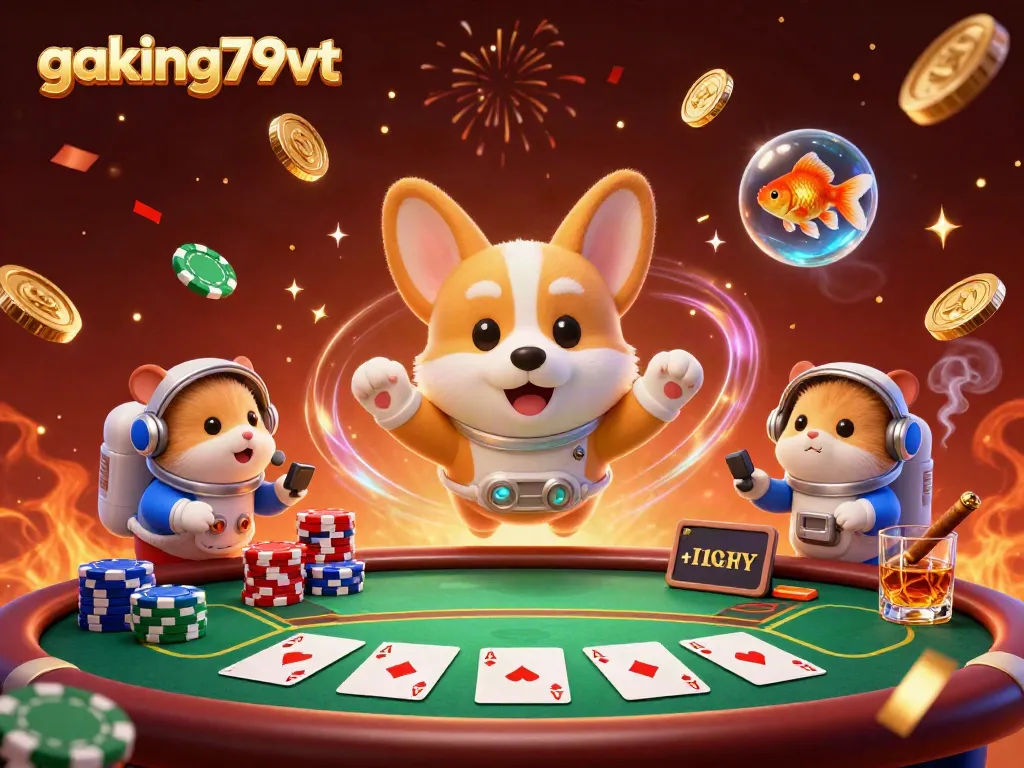 Experience the excitement at gaking79vt with floating poker chips and a 3D corgi astronaut in zero gravity casino.