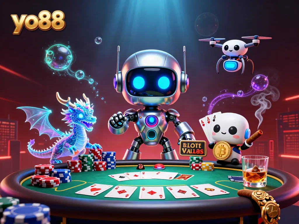 Engaging scene of yo88, featuring a cyberpunk robot, an AI dragon, and dynamic poker elements.