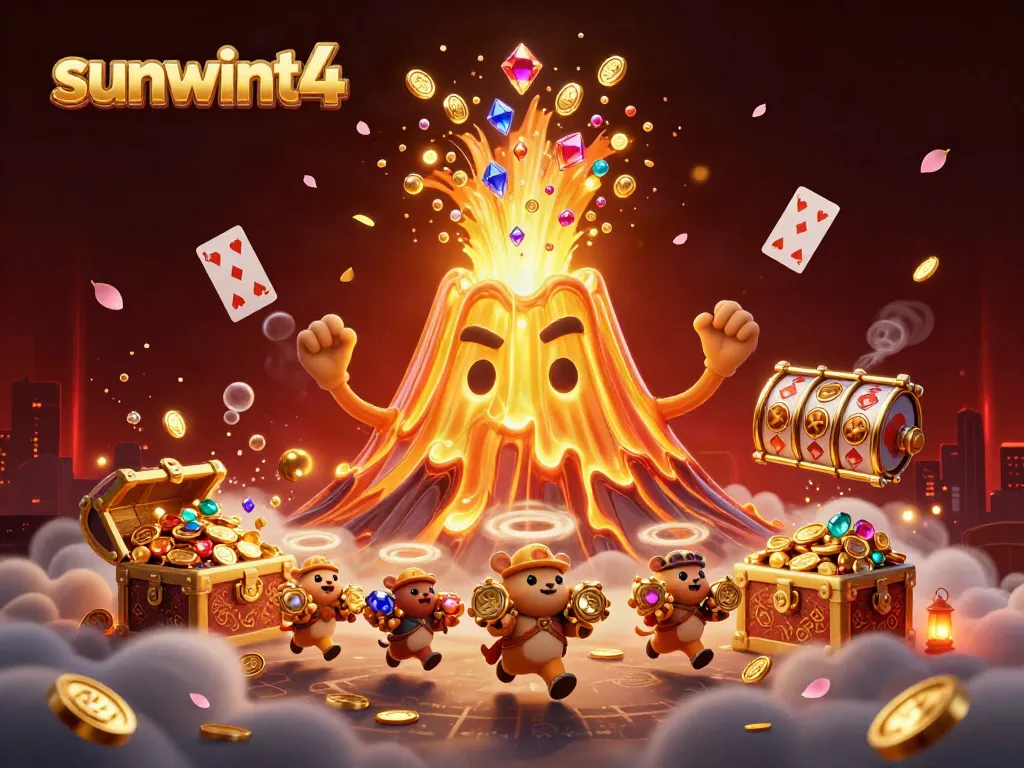 Experience the thrill at sunwint4 as a golden volcano erupts treasures amidst animated excitement.