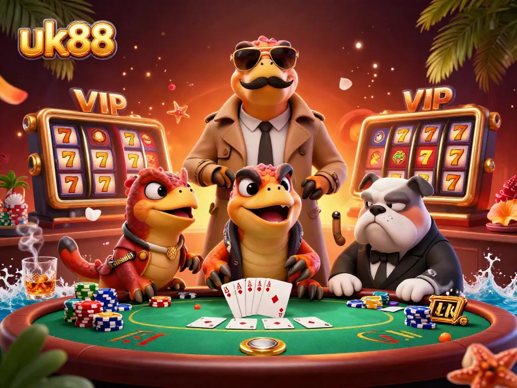 Experience thrilling gameplay at uk88 with vibrant 3D raptors sneaking into a VIP lounge full of casino action.