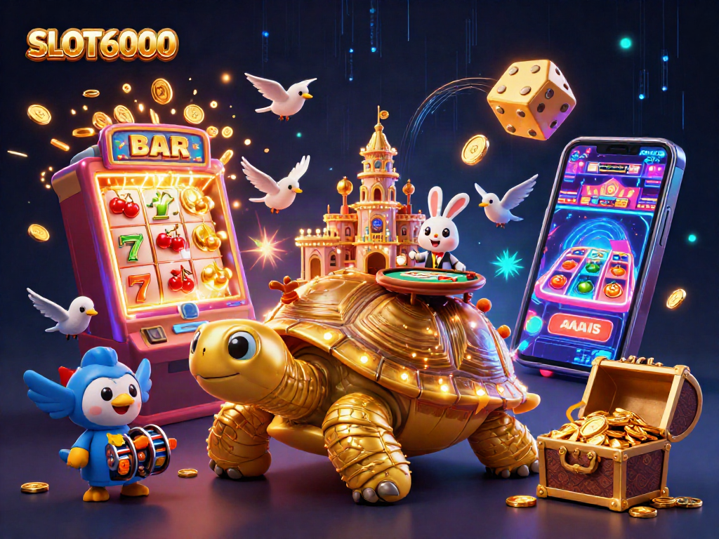 SLOT6000's vibrant casino scene showcases a golden tortoise, rabbit dealer, and dynamic slot elements.