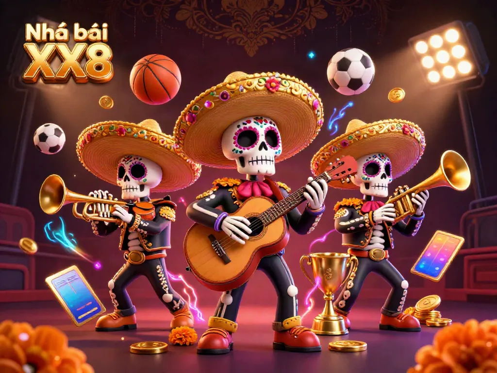 Experience exciting gameplay at Nhà cái XX8 with colorful mariachi characters and vibrant gambling elements.