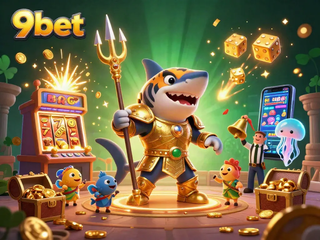 Engage with 9bet's vibrant underwater casino scene featuring a tiger shark and jackpot excitement.