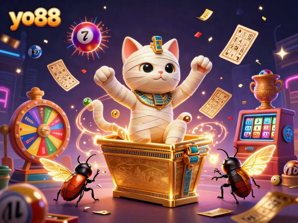 Engaging 3D scene of yo88 with a mummy cat, scarab, and playful lottery elements in a pyramid casino.