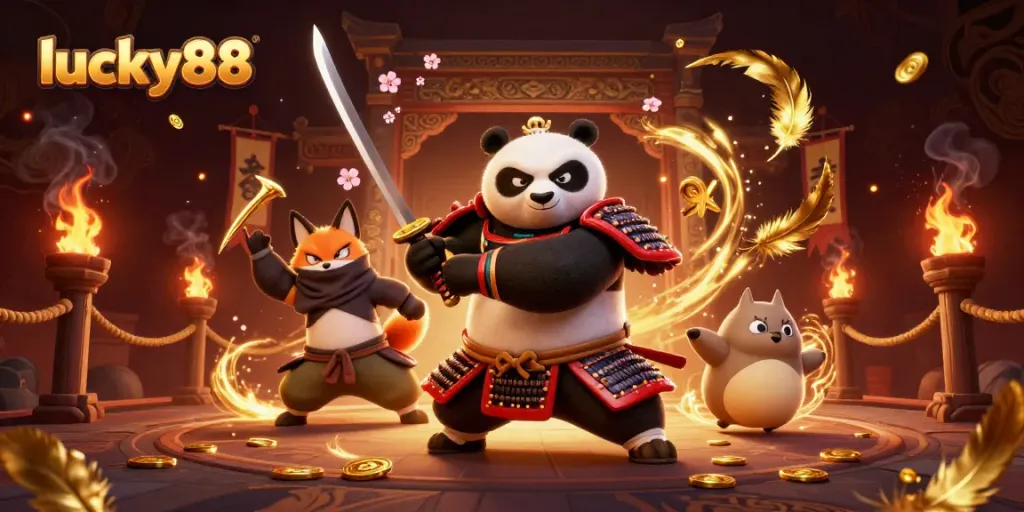 Engage in exciting gaming at lucky88 featuring samurai panda and ninja fox in a vibrant casino scene.
