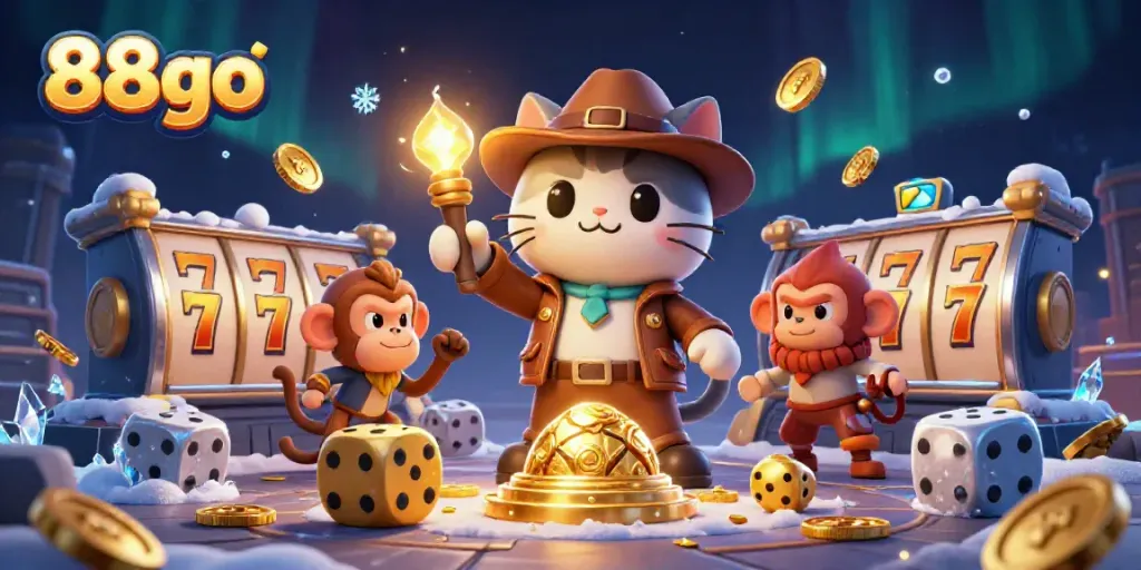 Experience thrilling casino adventures with 88go in a dynamic discovery scene filled with casino artifacts.