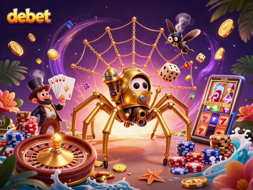 Engage with debet's thrilling gaming experience featuring a golden steampunk spider and vibrant casino elements.