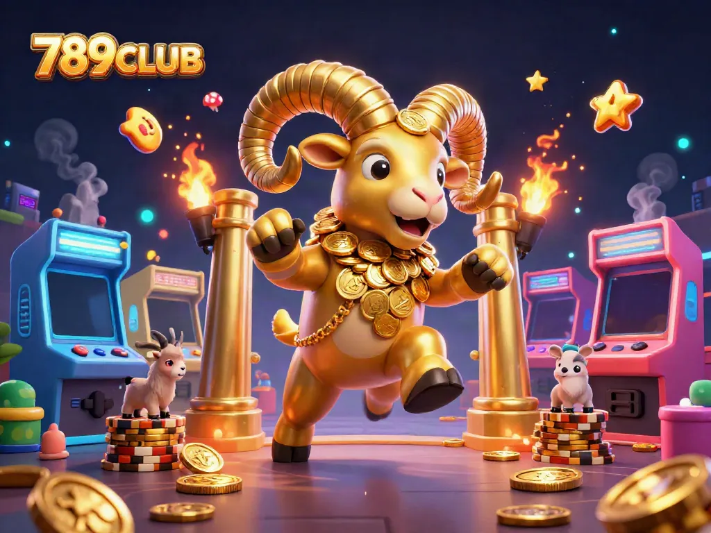 Engage with 789CLUB's gaming world, featuring a colossal golden ram amidst vibrant arcade machines.