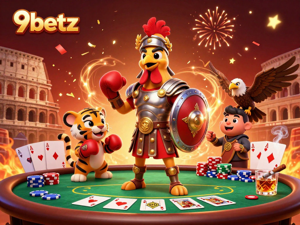 Experience thrilling gaming action with 9betz in a vibrant casino scene featuring poker elements.