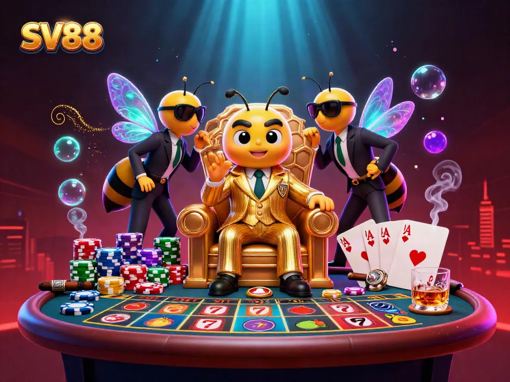 SV88 casino scene featuring a mob boss bee and bodyguards at a lively slot table.