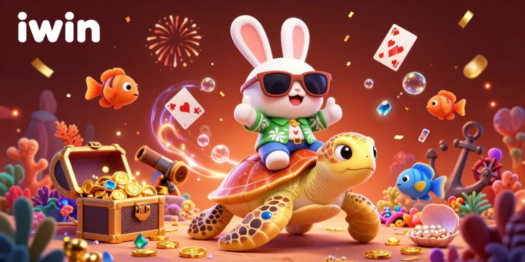 Spin to win with iwin's vibrant underwater casino scene showcasing a cartoon rabbit riding a golden turtle amidst treasure and festive elements.
