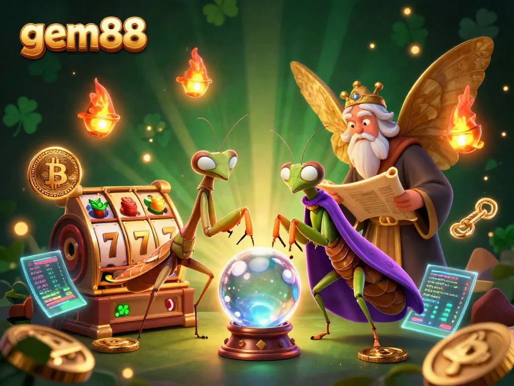 Experience the thrill of gem88 with a vibrant 3D casino scene showcasing slot reels and shining cryptocurrency coins.