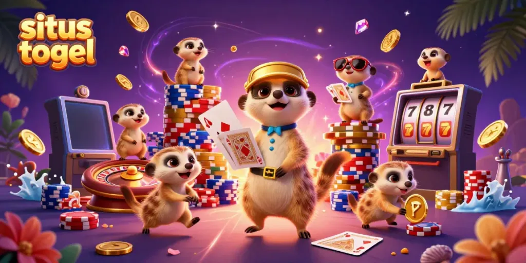 Experience the excitement of situs togel with meerkats in a vibrant casino scene, showcasing dynamic gaming action.