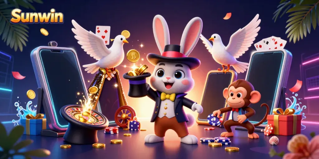 Sunwin's magician rabbit conjures coins and slots, showcasing dazzling gaming fun.