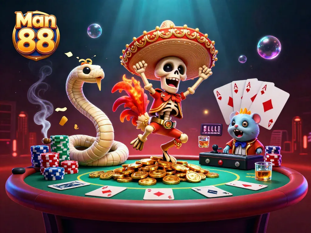 Engage in thrilling gameplay with Man 88 at a vibrant poker scene featuring a dancing mariachi rooster and other characters.