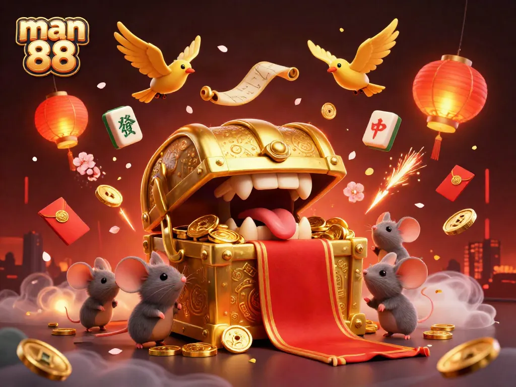 Experience the thrill of man 88 with this illustration of a golden treasure chest enticing adventurer mice amidst vibrant casino elements.