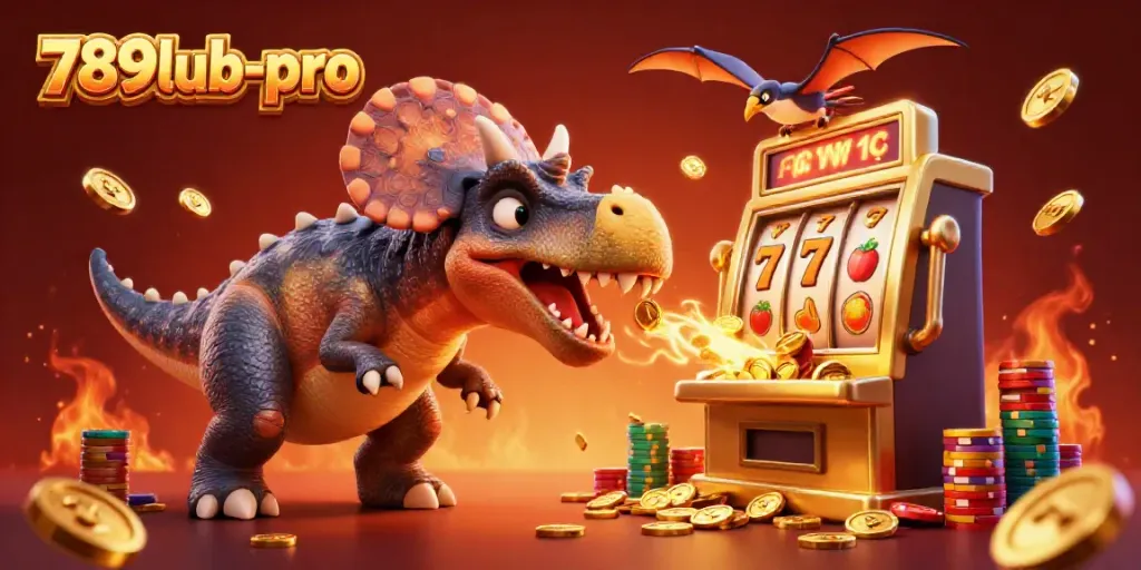 Catch the jackpot with 789lub-pro as a pachycephalosaurus plays a golden slot machine surrounded by vibrant casino elements.
