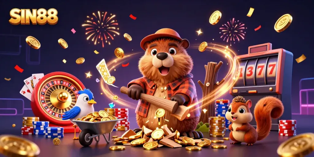 SIN88 gambling scene with beaver collecting coins, celebrating casino wins