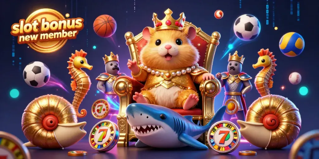 Exciting scene of a golden hamster king on a megalodon throne, promoting the slot bonus new member.
