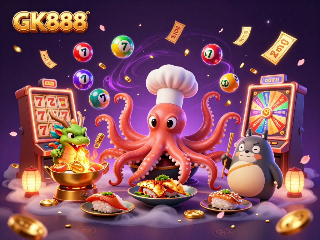 Experience GK888's vibrant 3D scene with an octopus chef and gaming elements for an engaging casino atmosphere.