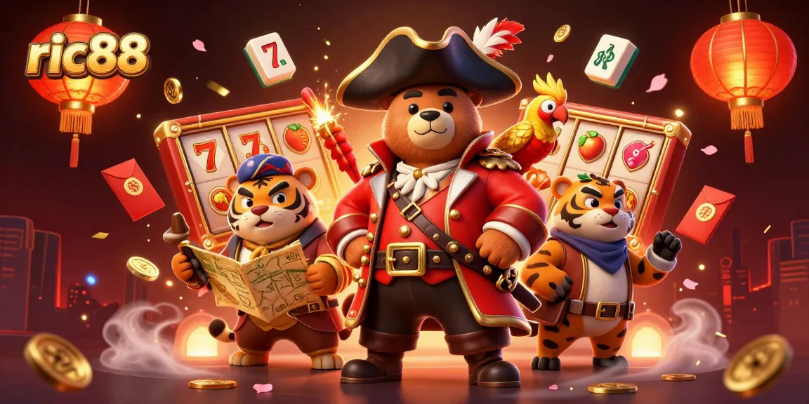 Engage with ric88's vibrant casino world featuring a pirate bear, tiger first mate, and colorful gaming elements.