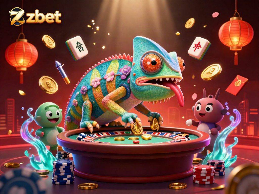 Zbet captures the excitement of gambling with a chameleon casino owner and colorful casino elements.