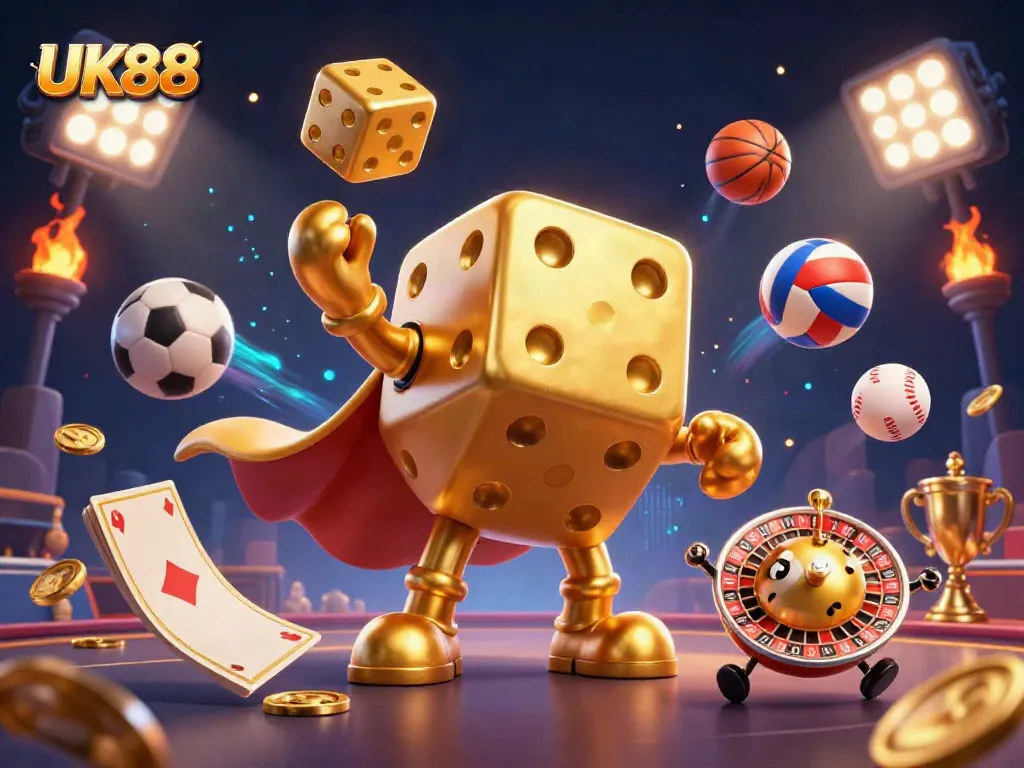 Bet on UK88 with the vibrant scene of a juggling golden dice golem and dynamic sports elements.