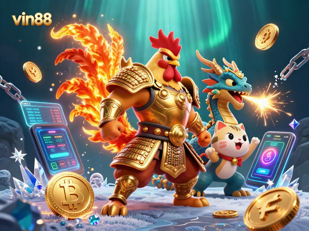 Experience vin88 with a dynamic 3D illustration of a rooster warrior and dragon hatchling amidst vibrant gaming elements.