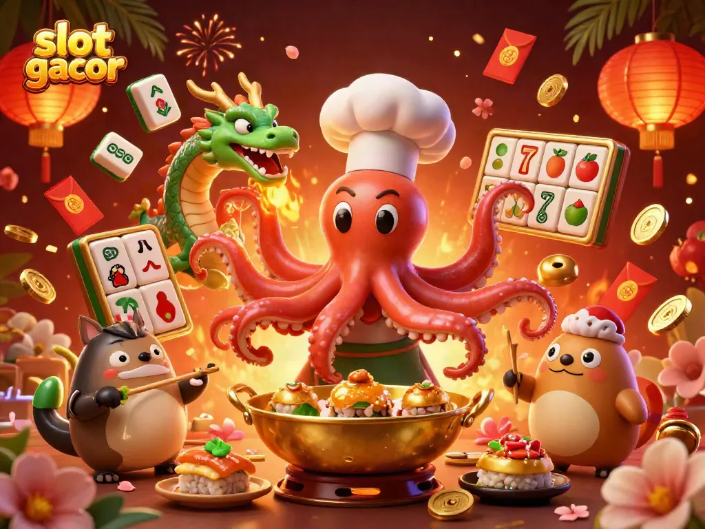 Experience slot gacor excitement with a dynamic scene featuring an octopus chef, dragon, and tanuki amidst colorful slot elements.