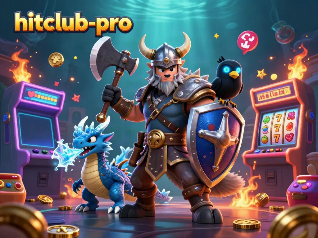 Hitclub-pro showcases a dynamic 3D casino scene featuring a Viking wolf warrior, dragon, and raven amidst vibrant game elements.