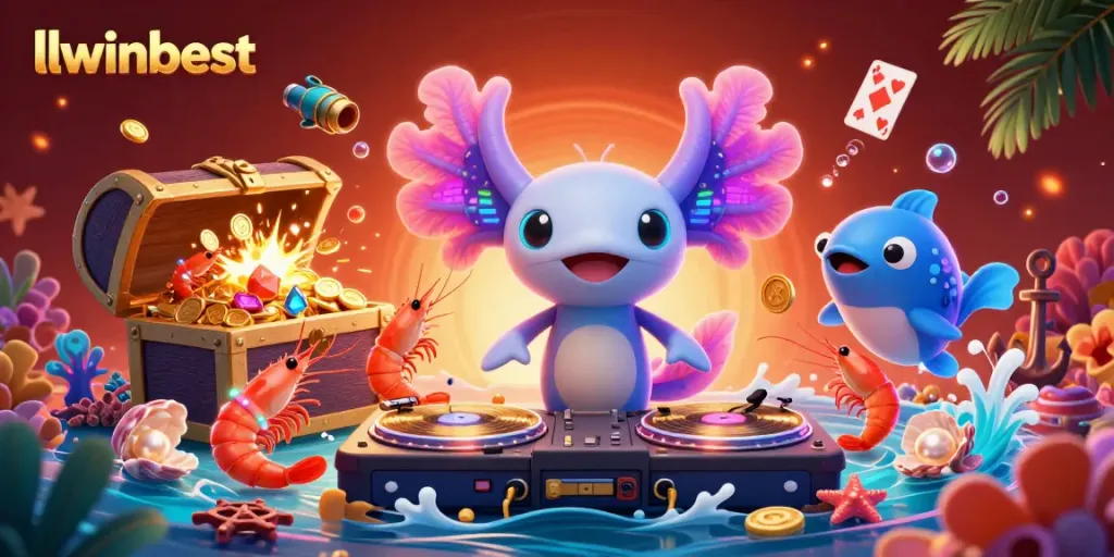 Engage in vibrant gaming at llwinbest with colorful axolotl DJ and dynamic underwater elements.