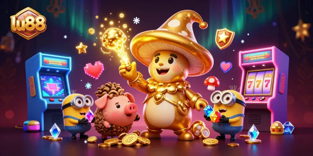 Experience exciting wins with lu88's vibrant casino games illuminated in a magical 3D scene.