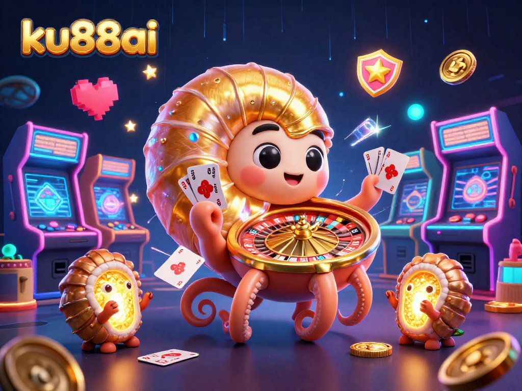 Engage with ku88ai's vibrant 3D casino illustration featuring unique game elements and characters.