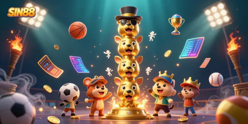 Experience the thrilling action of sports betting with SIN88's vibrant 3D cartoon scene featuring unique elements.