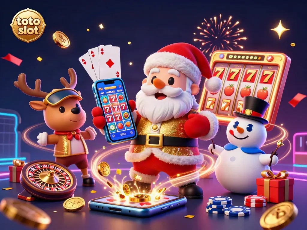 Spin the Toto Slot with Santa and friends in a festive casino setting filled with gold coins.