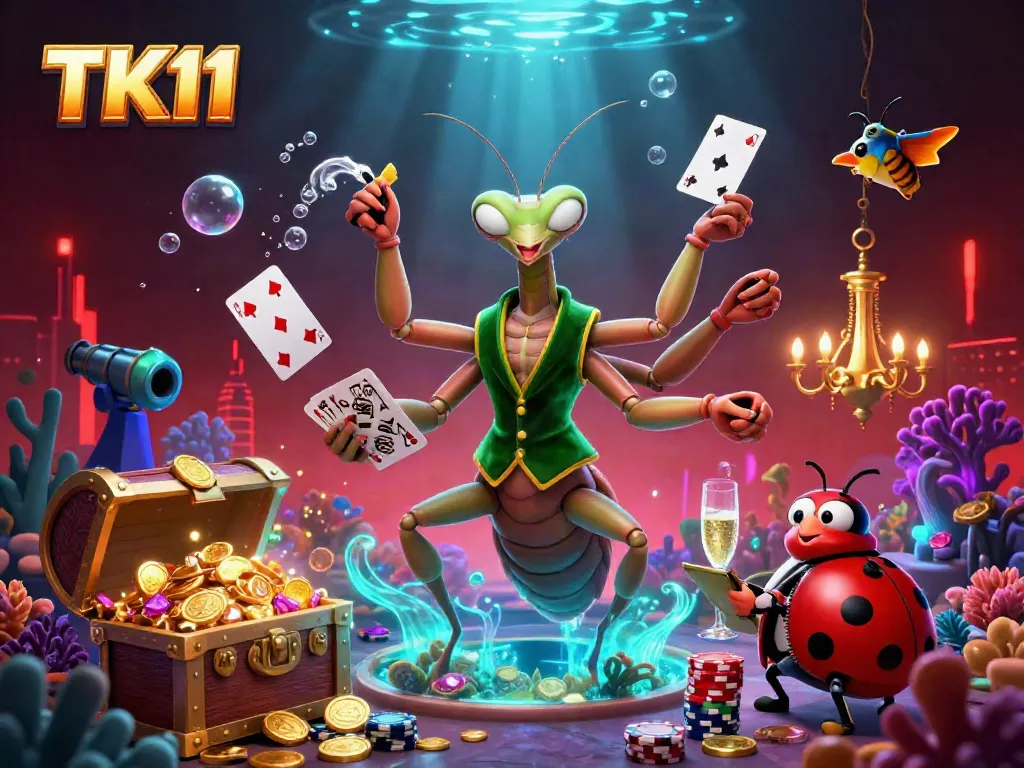Experience exhilarating gameplay at TK11 with this vibrant casino scene featuring a praying mantis card sharp and ladybug pit boss.
