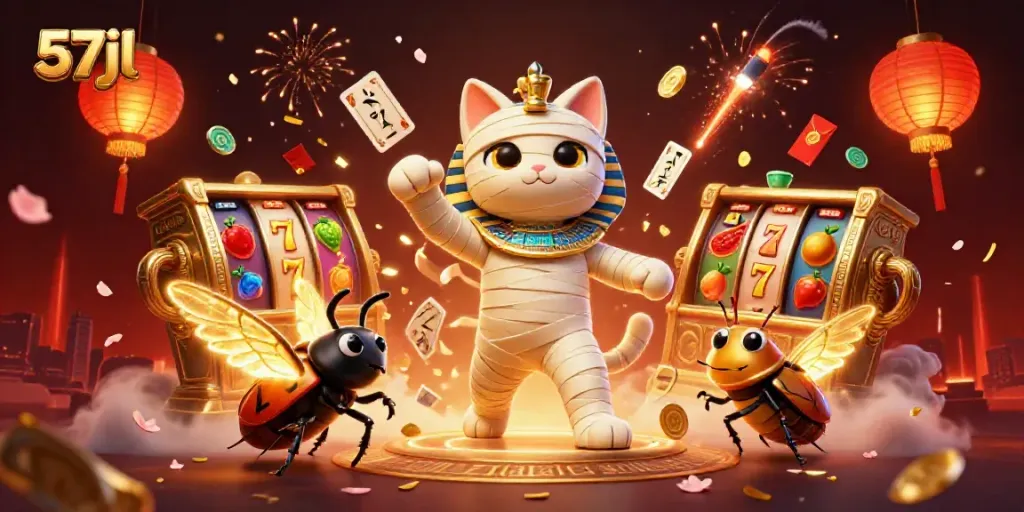 Engage with 57jl's vibrant casino adventure featuring a mummy cat and lucky symbols.