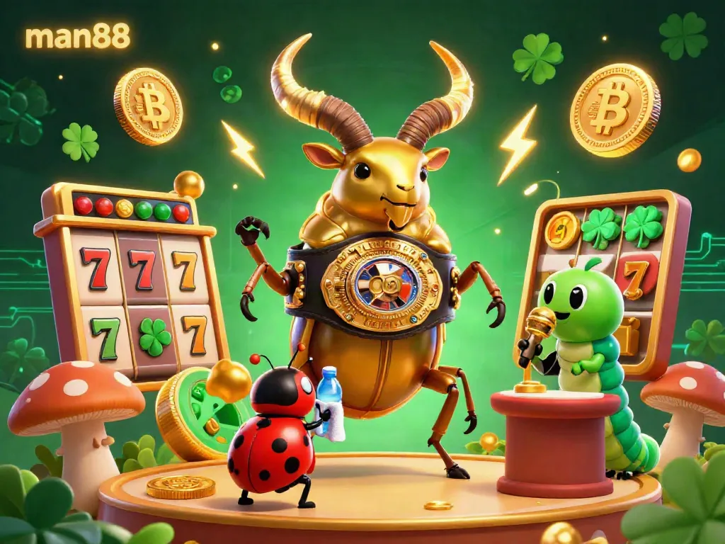 Experience thrilling gaming action at man88 with our vibrant casino illustration featuring unique characters and jackpot elements.
