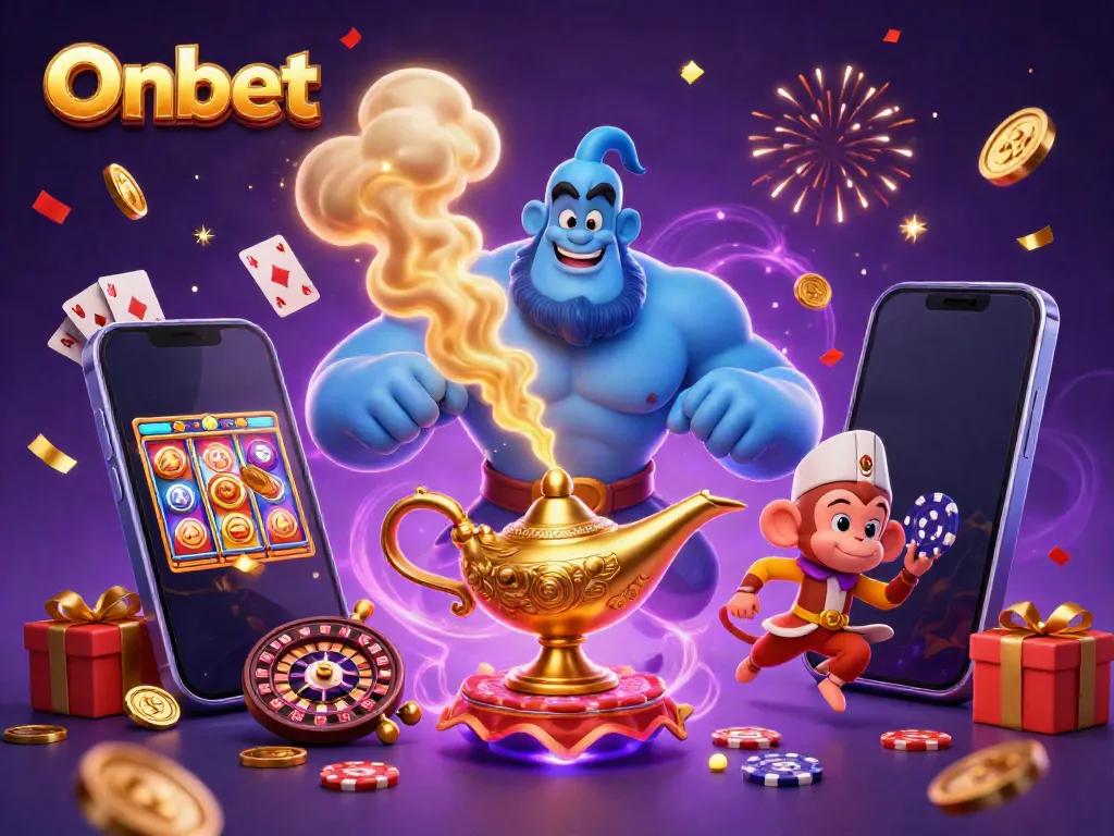Onbet brings excitement alive with a dynamic scene of a genie, magic carpet, and gaming elements.